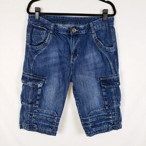 Denim Cargo Capri Jeans Womens 12 Baggy Y2K Unique Biker Moto Grunge Skater Blue